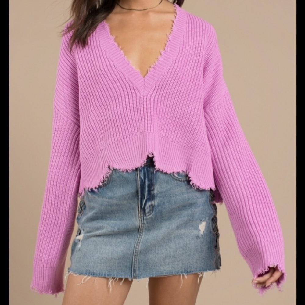 Tobi Hot Pink Distressed Out V-Neck Sweater